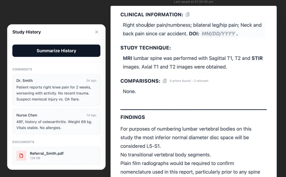 SkiaManager showing an automatically summarized study history panel beside the current report, with prior comments and a referral document attached