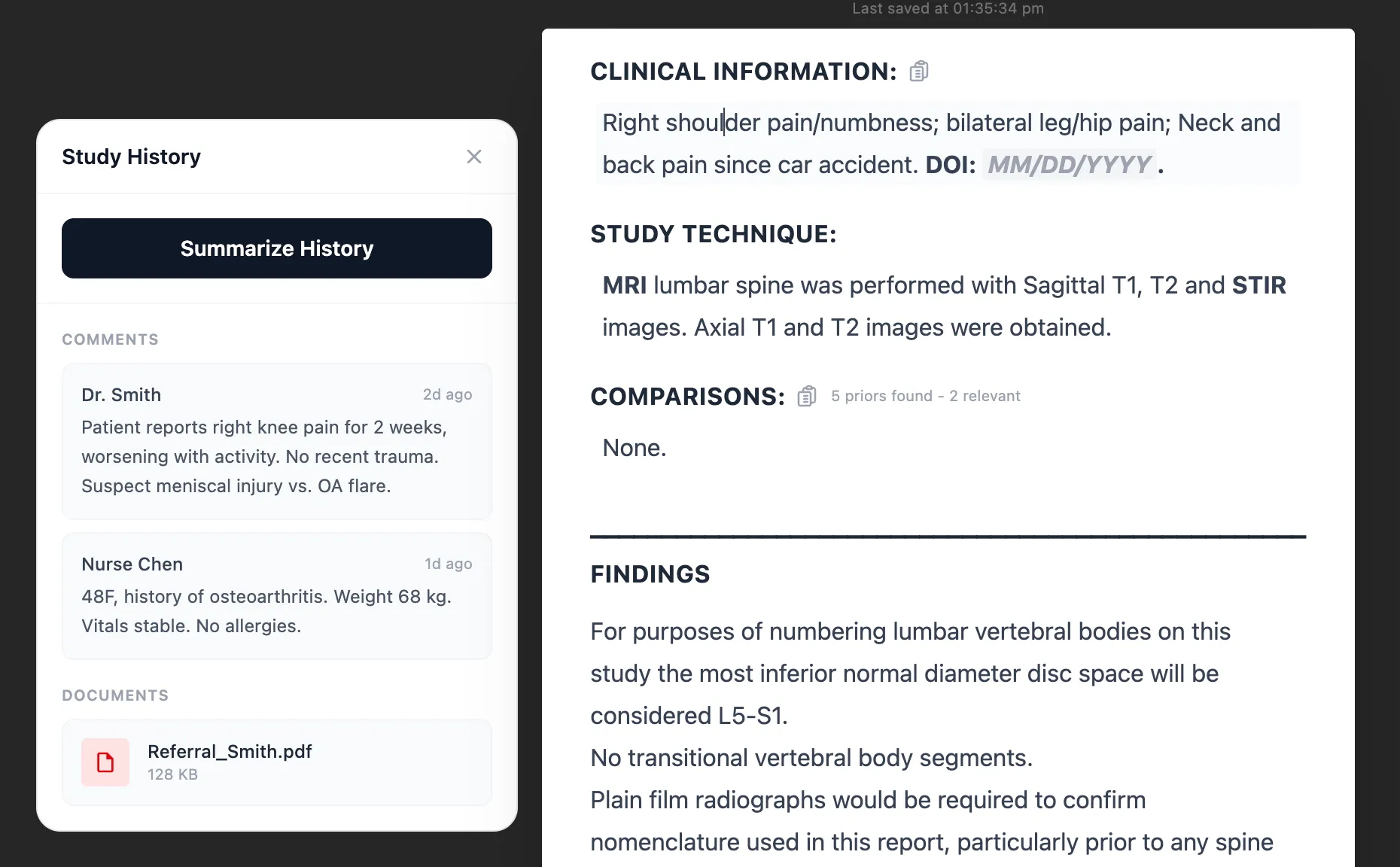 Skia panel showing a prior report summarized automatically alongside the current study