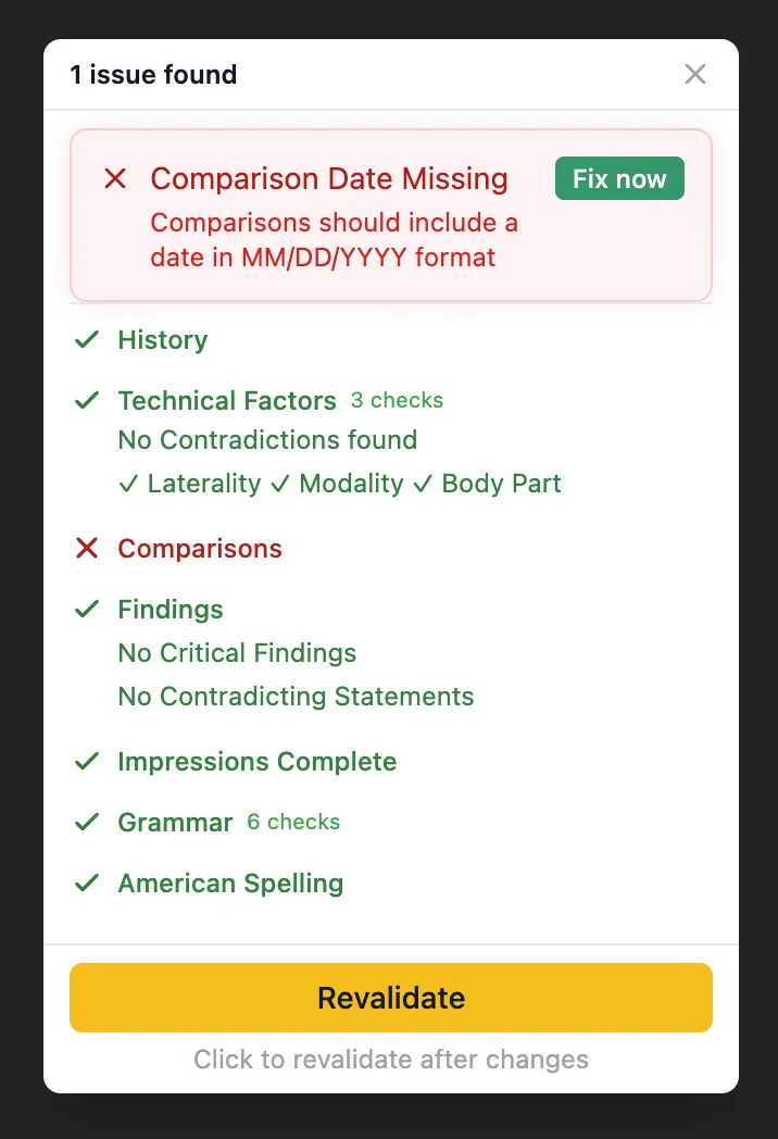 SkiaQA review panel listing every check run on a report, with one issue found for a missing comparison date and a fix now button