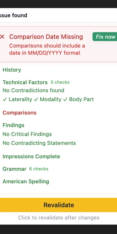 Skia QA panel listing the checks run on a report, showing one issue found for a missing comparison date