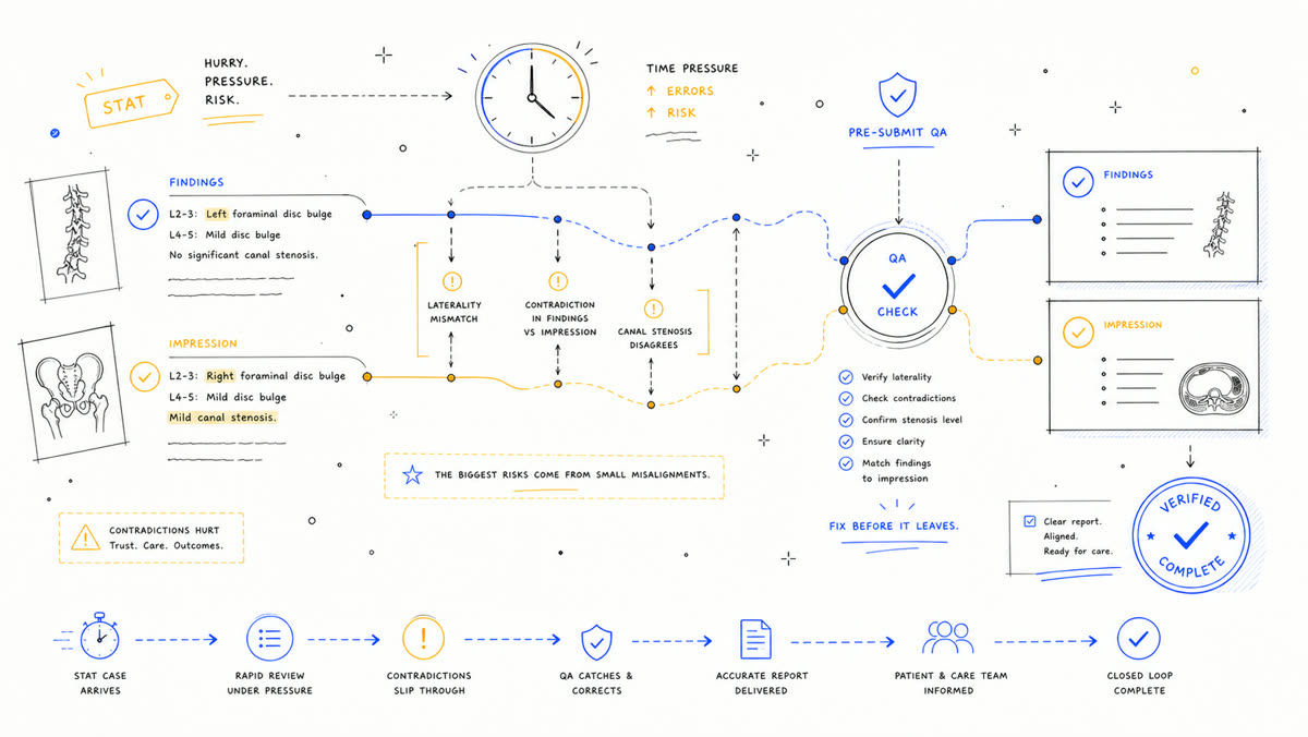 Hand-drawn report tracks diverging under time pressure and realigning at QA.