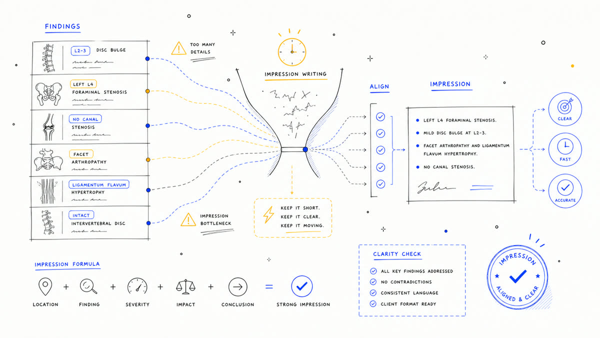 Hand-drawn findings-to-impression alignment sketch.