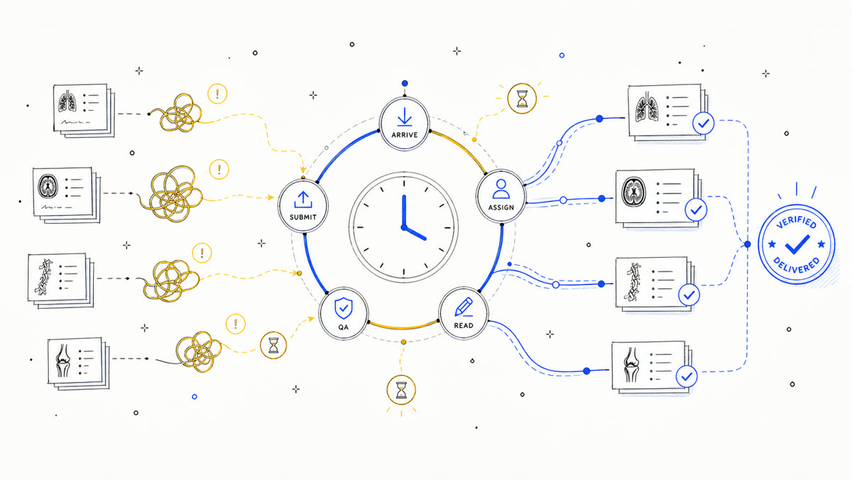 Hand-drawn segmented workflow clock for reducing turnaround time.